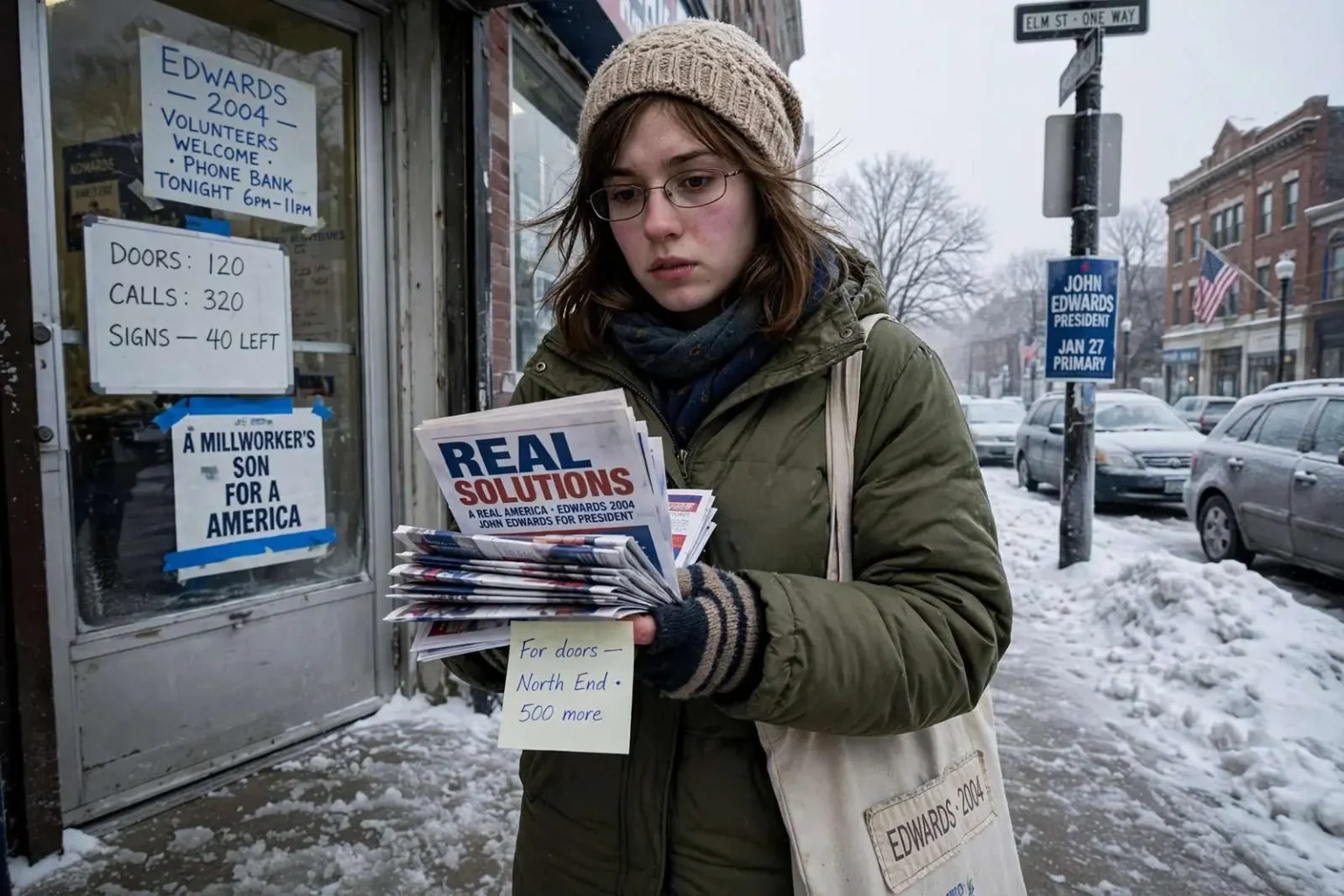 Illustration for the news story: Frozen Toes and Folded Flyers: A Mobile Lawyers’ Daughter Works the New Hampshire Primary