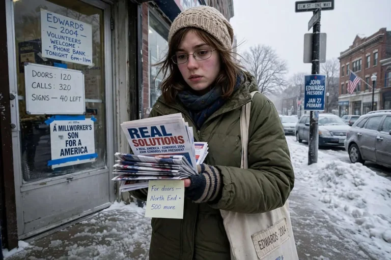 Illustration for the news story: Frozen Toes and Folded Flyers: A Mobile Lawyers’ Daughter Works the New Hampshire Primary