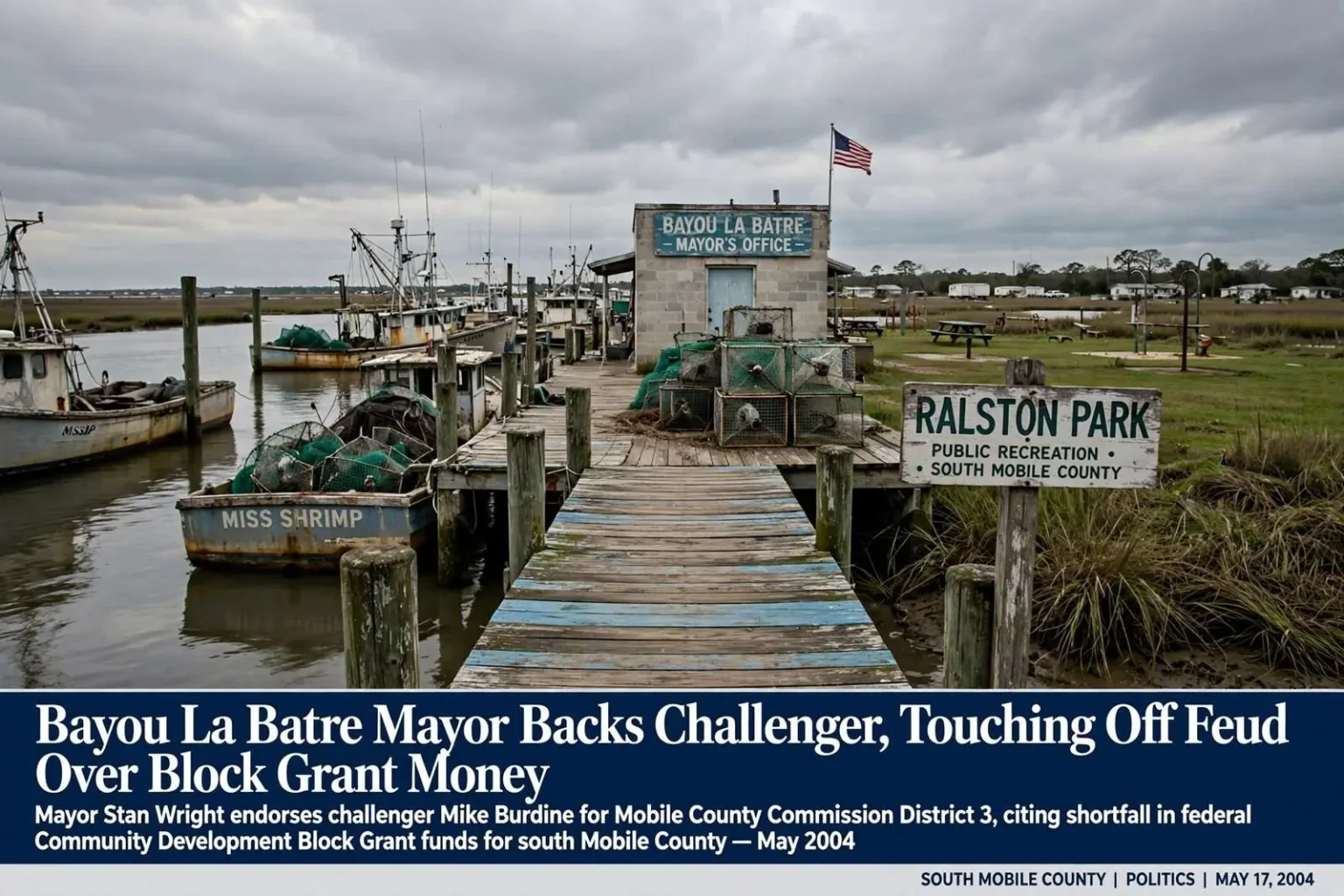 Illustration for the news story: Bayou La Batre Mayor Backs Challenger, Touching Off Feud Over Block Grant Money