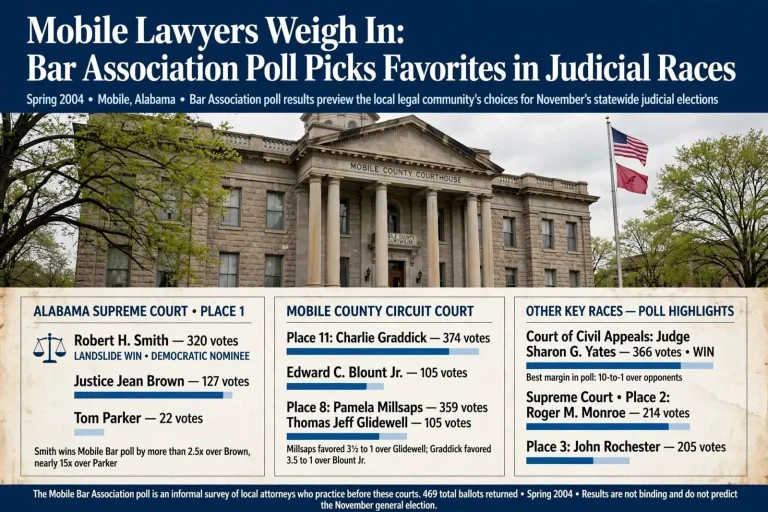 Illustration for the news story: Mobile Lawyers Weigh In: Bar Association Poll Picks Favorites in Judicial Races