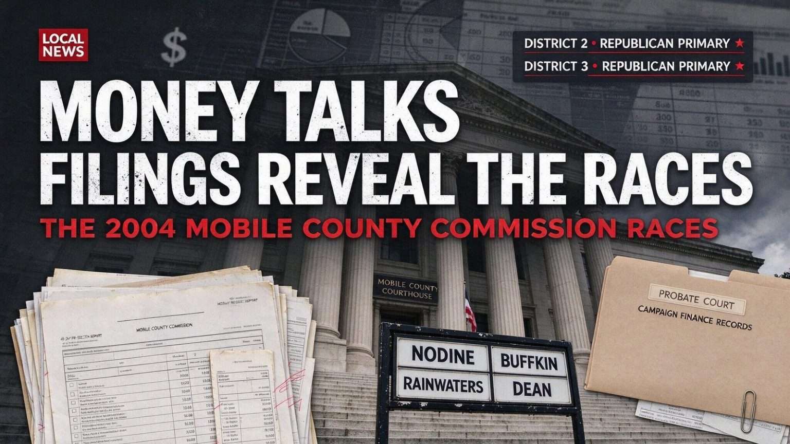 Illustration for the news story: Money Talks: Filings Reveal the Shape of the 2004 Mobile County Commission Races
