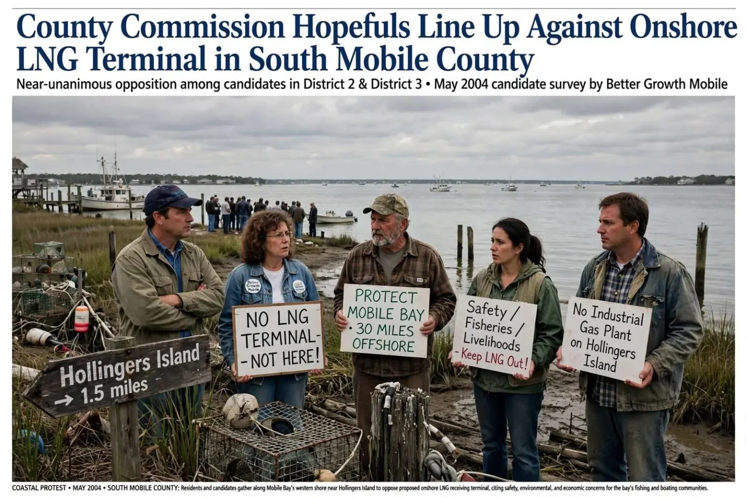 Illustration for the news story: County Commission Hopefuls Line Up Against Onshore LNG Terminal in South Mobile County