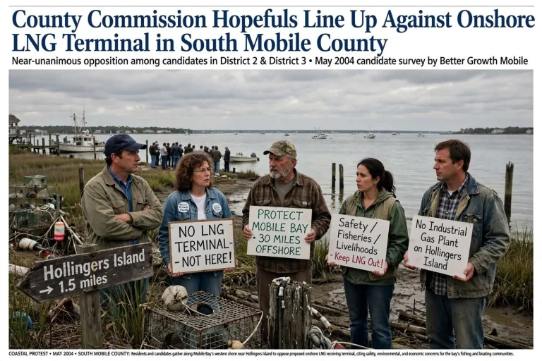Illustration for the news story: County Commission Hopefuls Line Up Against Onshore LNG Terminal in South Mobile County