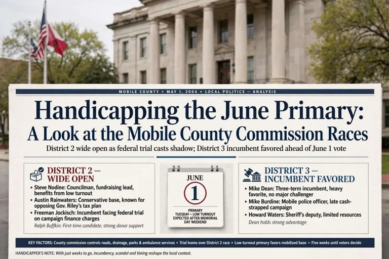 Illustration for the news story: Handicapping the June Primary: A Look at the Mobile County Commission Races