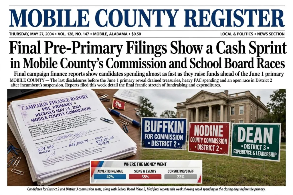 Illustration for the news story: Final Pre-Primary Filings Show a Cash Sprint in Mobile County’s Commission and School Board Races
