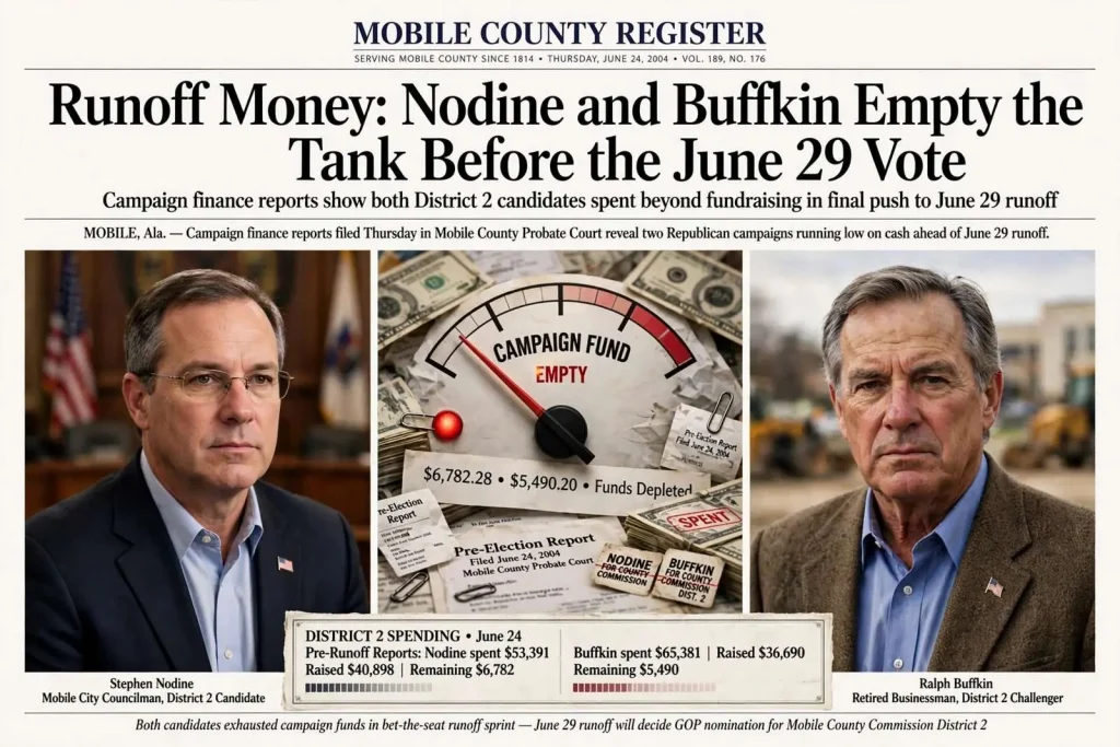 Illustration for the news story: Runoff Money: Nodine and Buffkin Empty the Tank Before the June 29 Vote