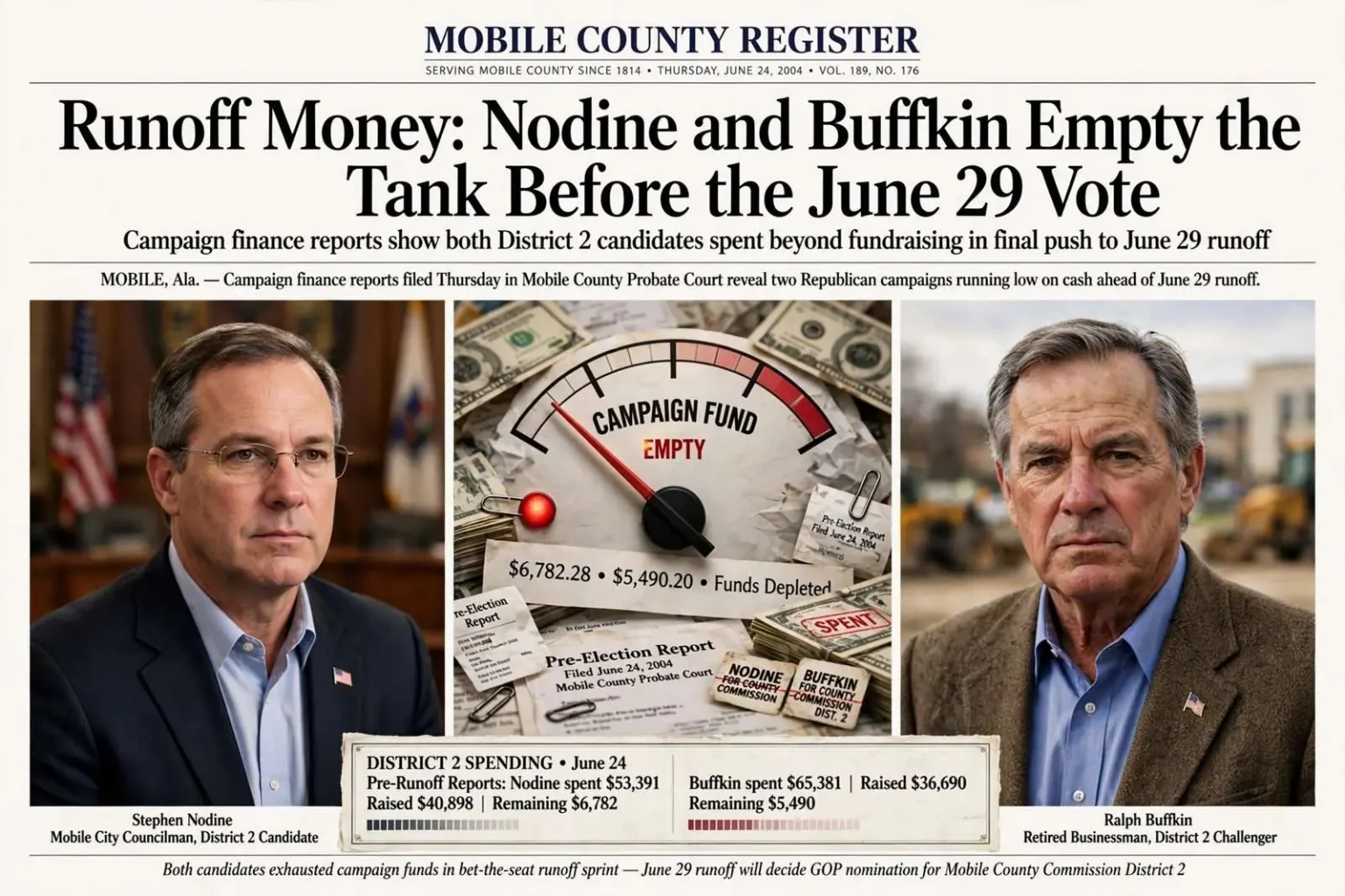 Illustration for the news story: Runoff Money: Nodine and Buffkin Empty the Tank Before the June 29 Vote