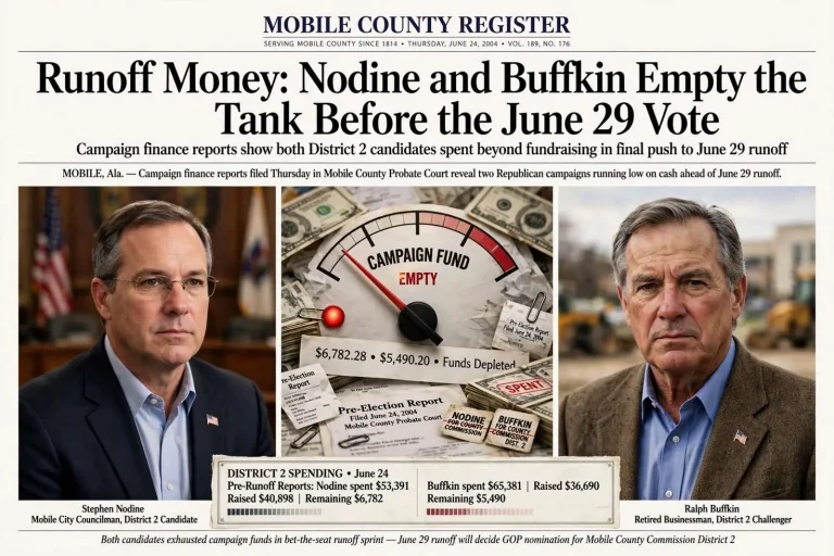 Illustration for the news story: Runoff Money: Nodine and Buffkin Empty the Tank Before the June 29 Vote