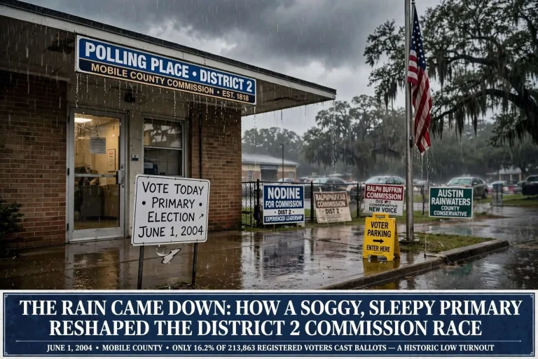 Illustration for the news story: The Rain Came Down: How a Soggy, Sleepy Primary Reshaped the District 2 Commission Race