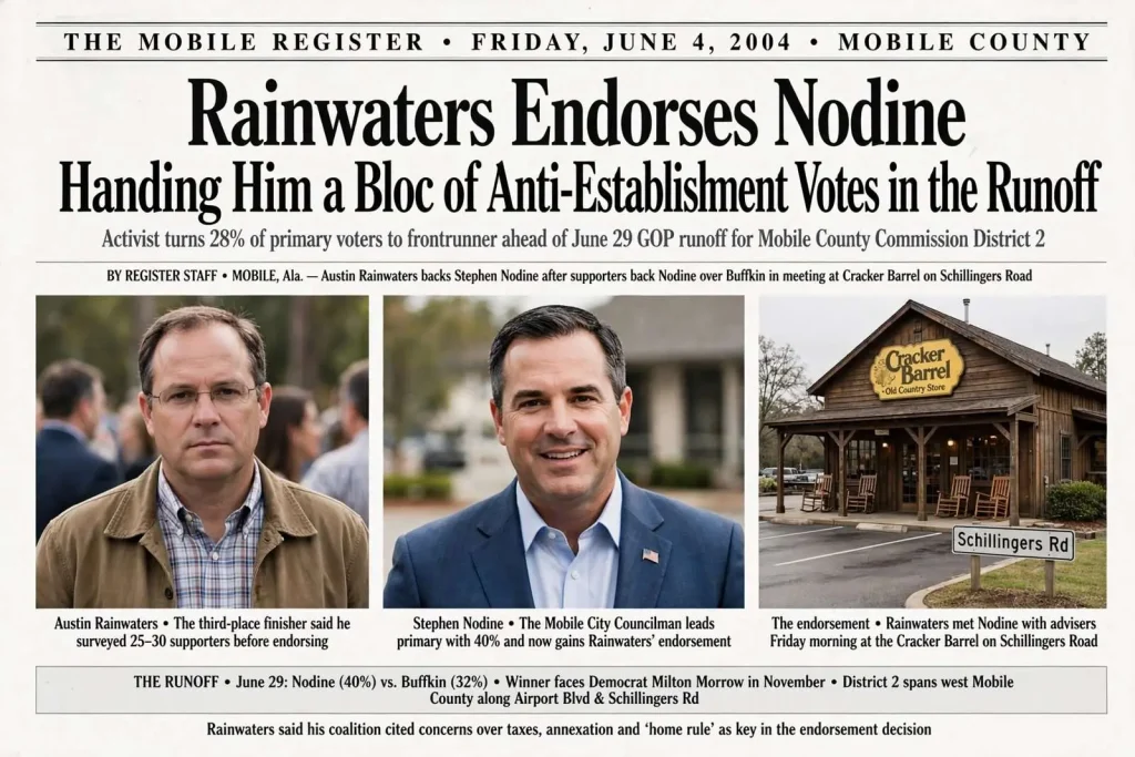 Illustration for the news story: Rainwaters Endorses Nodine, Handing Him a Bloc of Anti-Establishment Votes in the Runoff