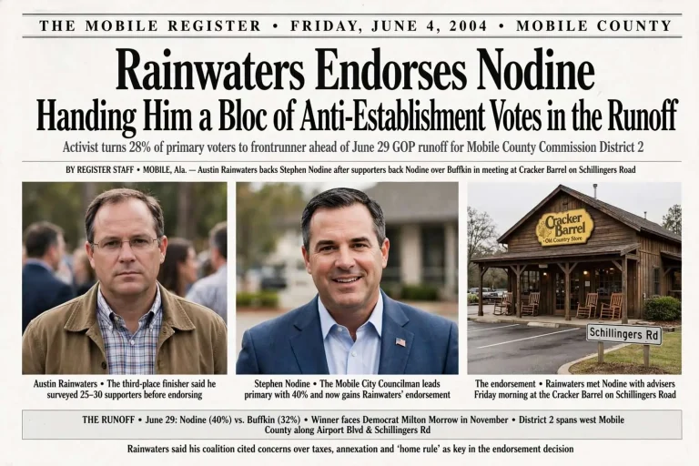 Illustration for the news story: Rainwaters Endorses Nodine, Handing Him a Bloc of Anti-Establishment Votes in the Runoff