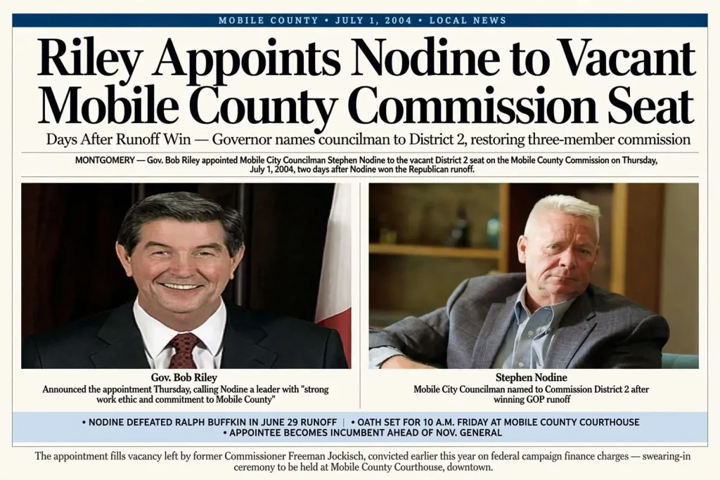 Illustration for the news story: Riley Appoints Nodine to Vacant Mobile County Commission Seat Days After Runoff Win