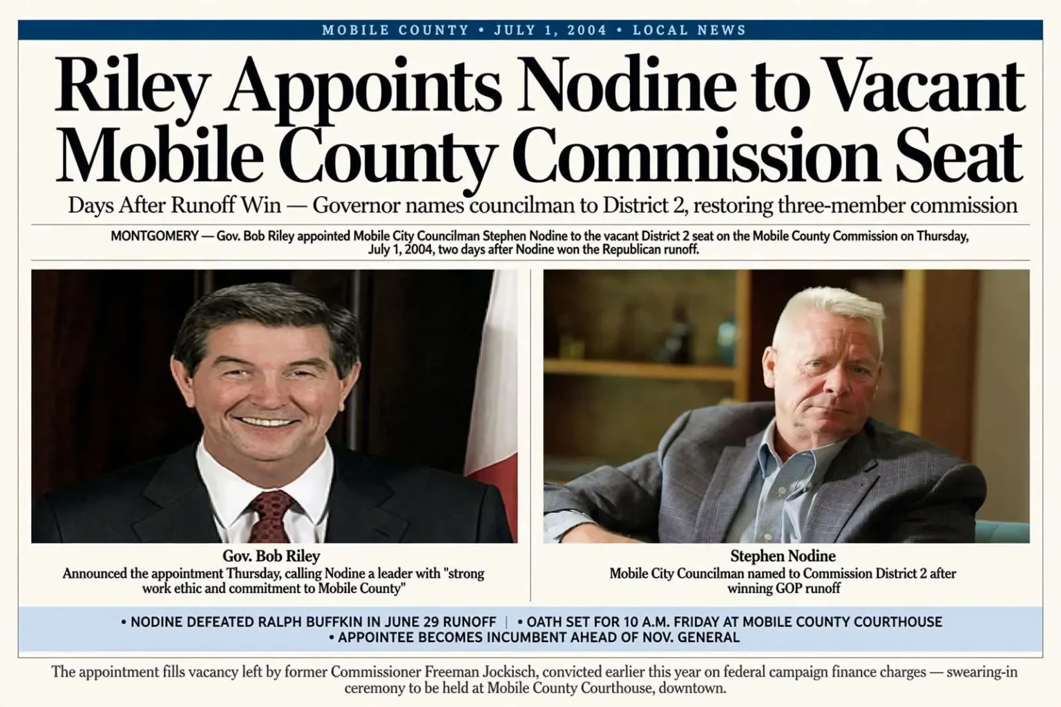 Illustration for the news story: Riley Appoints Nodine to Vacant Mobile County Commission Seat Days After Runoff Win