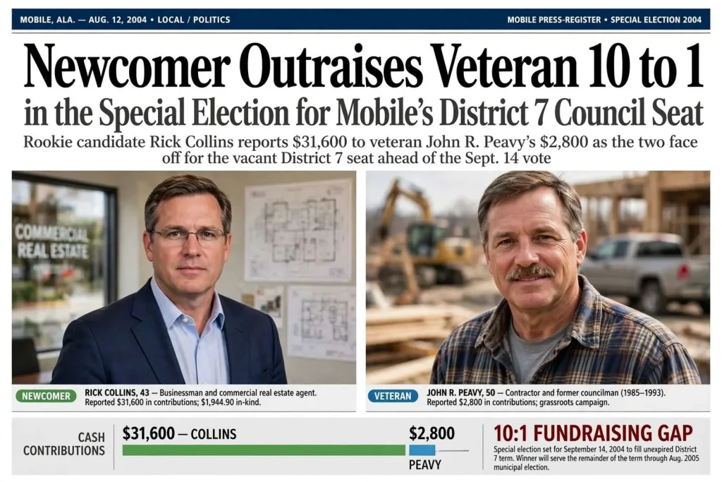 Illustration for the news story: Newcomer Outraises Veteran 10 to 1 in the Special Election for Mobile’s District 7 Council Seat