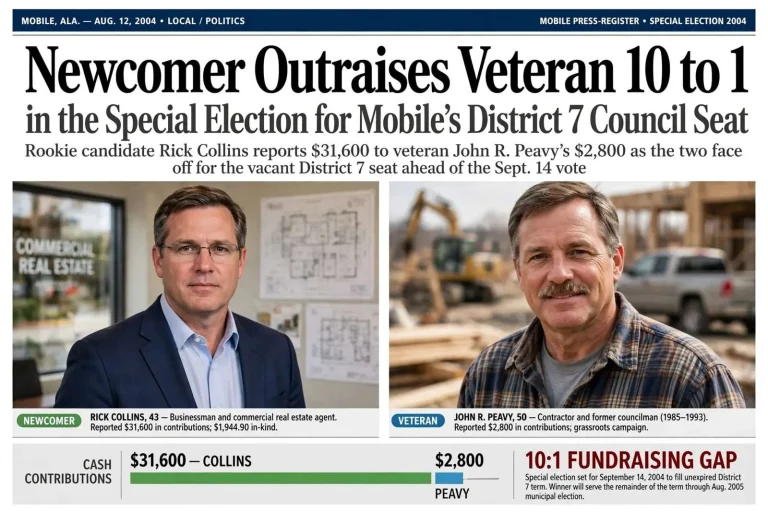 Illustration for the news story: Newcomer Outraises Veteran 10 to 1 in the Special Election for Mobile’s District 7 Council Seat