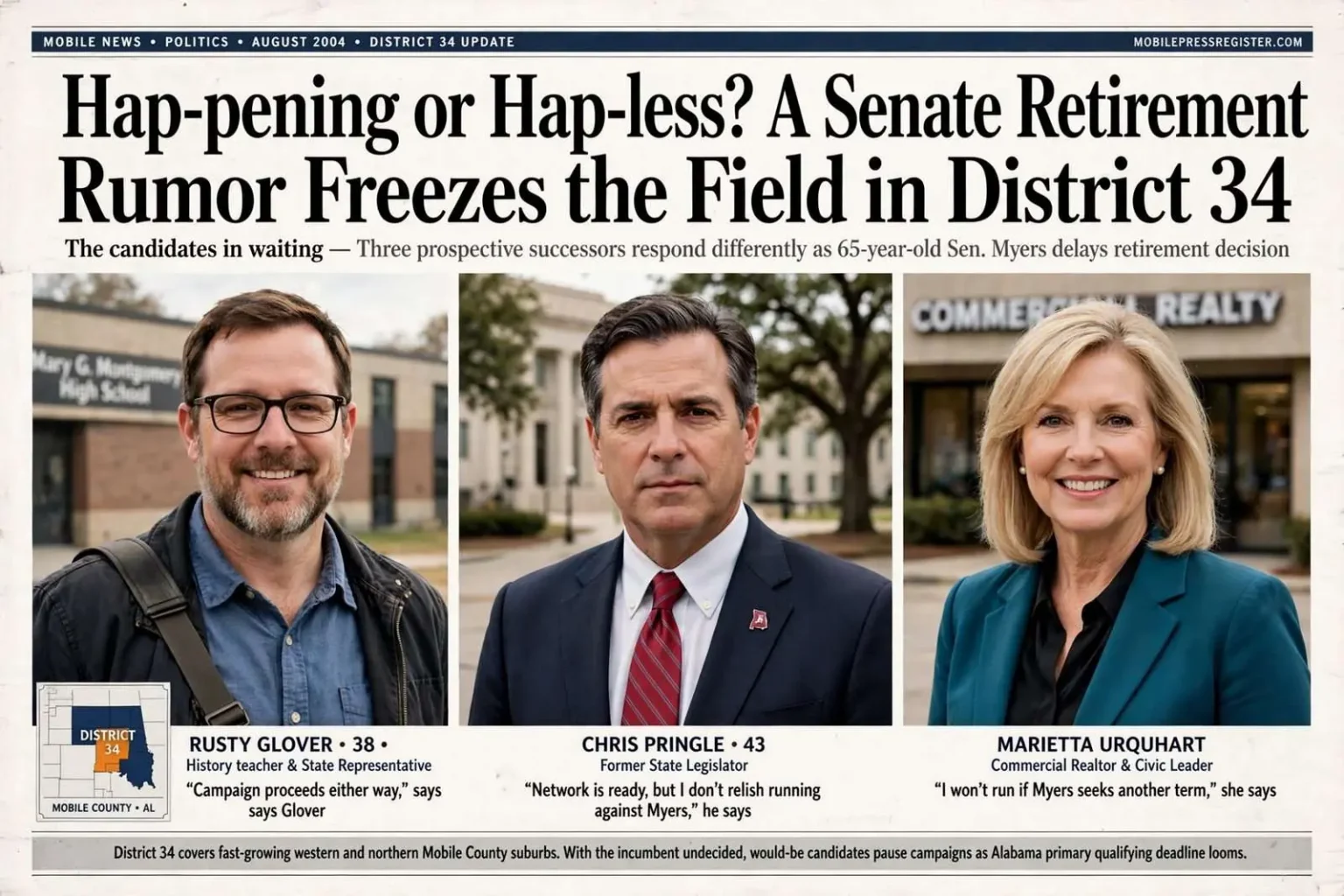 Illustration for the news story: Hap-pening or Hap-less? A Senate Retirement Rumor Freezes the Field in District 34