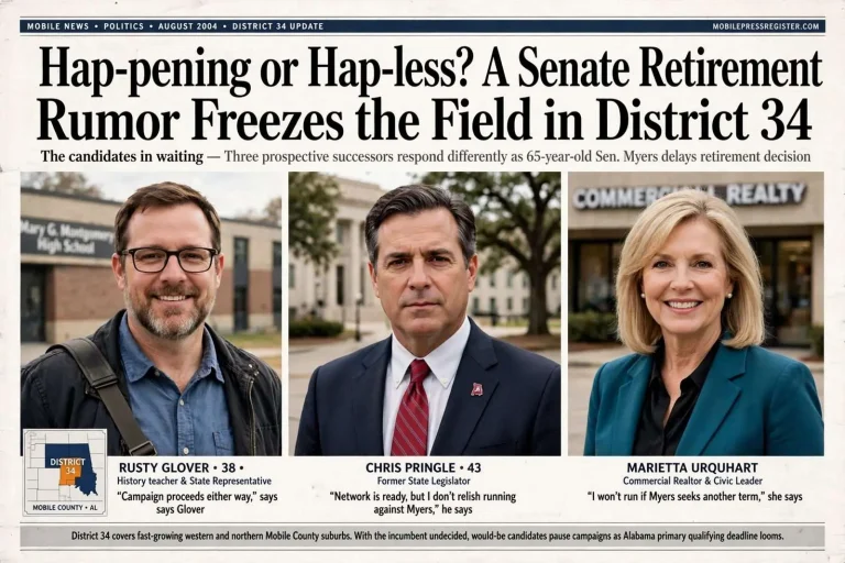 Illustration for the news story: Hap-pening or Hap-less? A Senate Retirement Rumor Freezes the Field in District 34