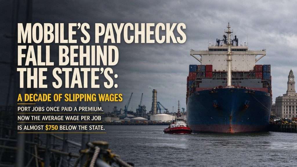 Illustration for the news story: Mobile’s Paychecks Fall Behind the State’s: A Decade of Slipping Wages