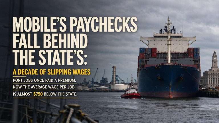 Illustration for the news story: Mobile’s Paychecks Fall Behind the State’s: A Decade of Slipping Wages