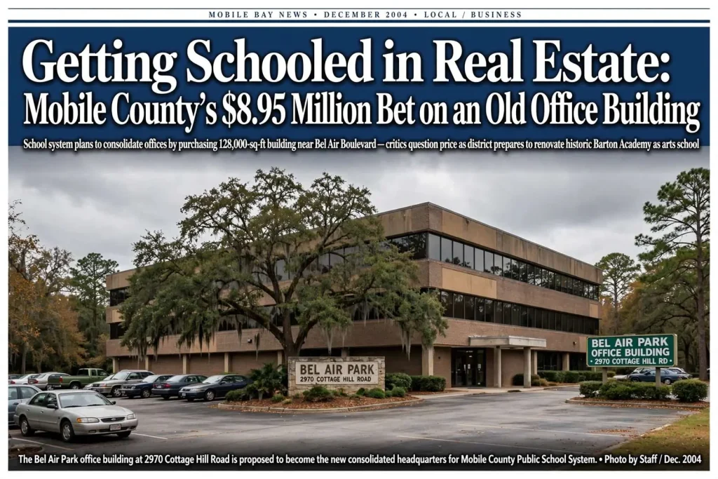 Illustration for the news story: Getting Schooled in Real Estate: Mobile County’s $8.95 Million Bet on an Old Office Building