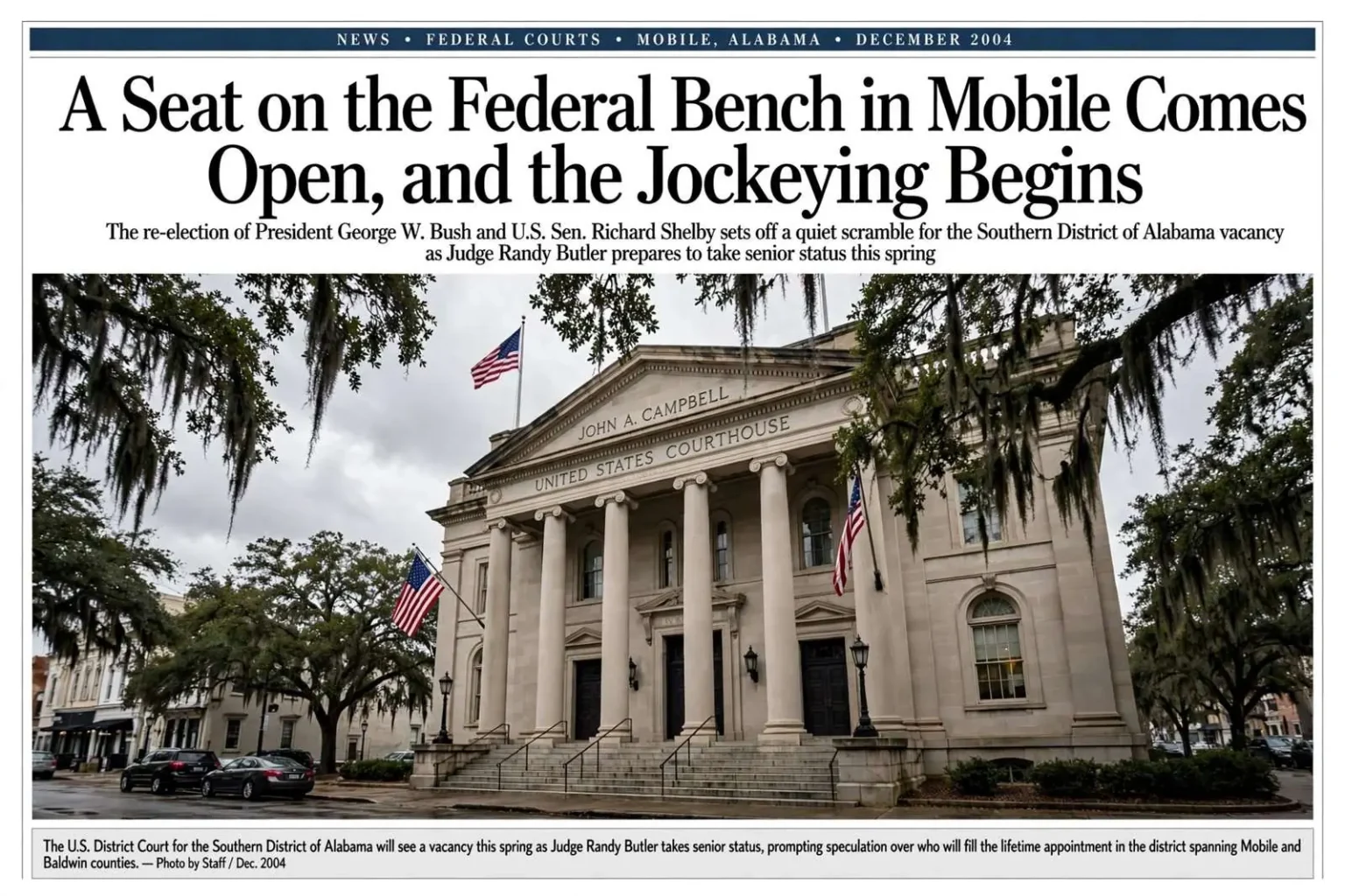 Illustration for the news story: A Seat on the Federal Bench in Mobile Comes Open, and the Jockeying Begins