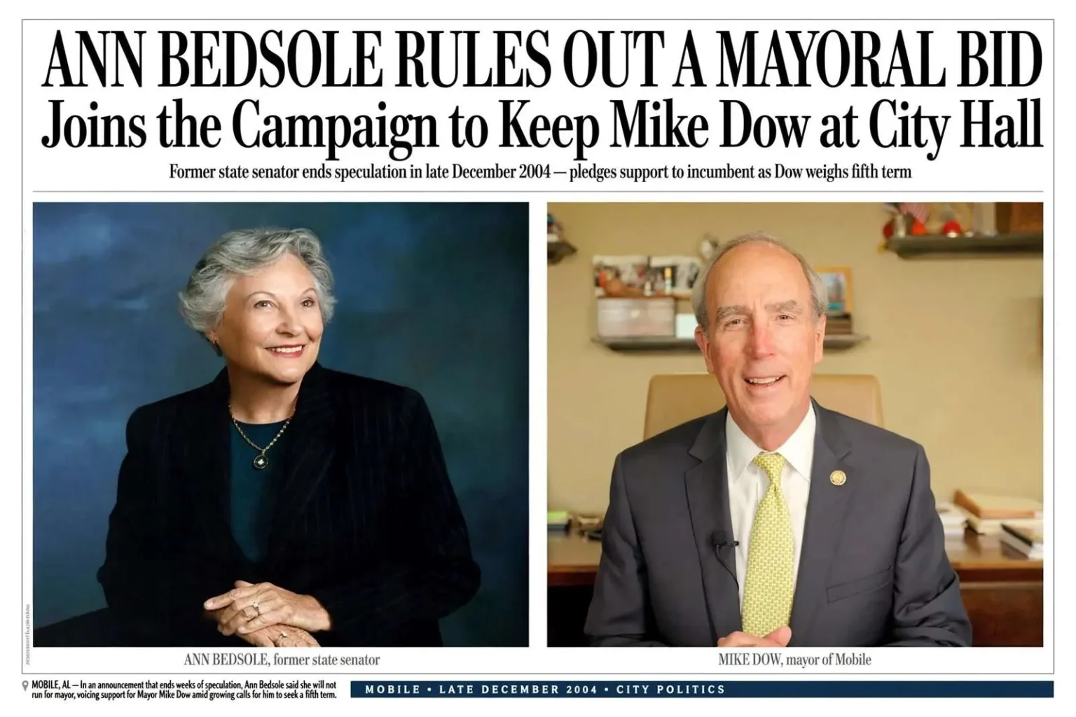Illustration for the news story: Ann Bedsole Rules Out a Mayoral Bid and Joins the Campaign to Keep Mike Dow at City Hall
