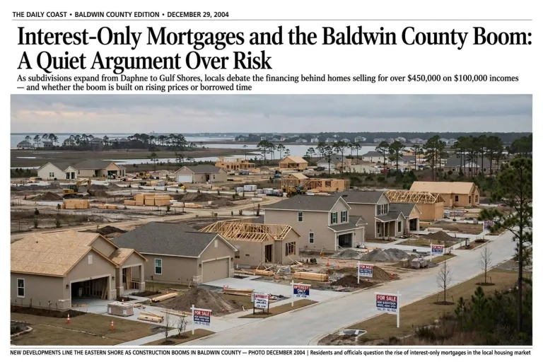 Illustration for the news story: Interest-Only Mortgages and the Baldwin County Boom: A Quiet Argument Over Risk