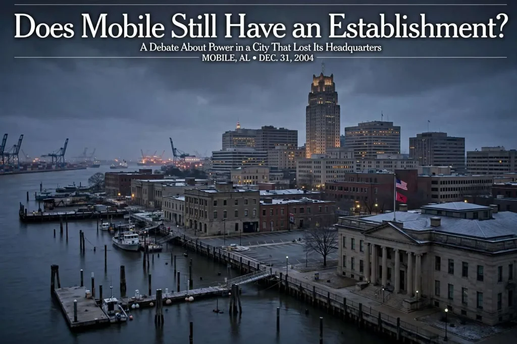Illustration for the news story: Does Mobile Still Have an Establishment? A Debate About Power in a City That Lost Its Headquarters
