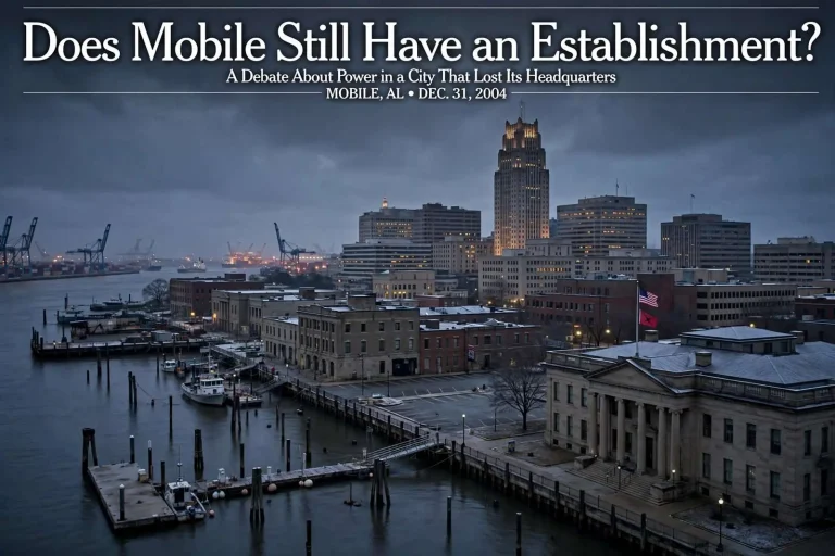 Illustration for the news story: Does Mobile Still Have an Establishment? A Debate About Power in a City That Lost Its Headquarters
