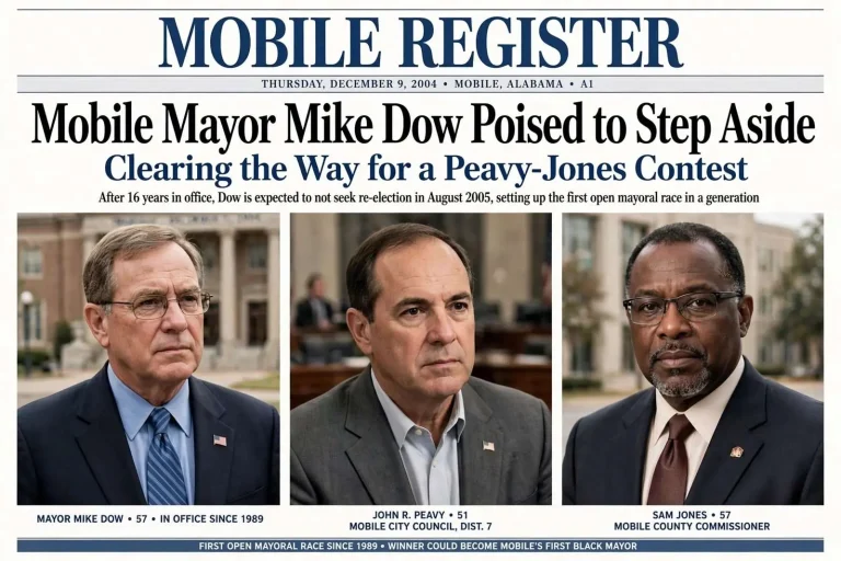 Illustration for the news story: Mobile Mayor Mike Dow Poised to Step Aside, Clearing the Way for a Peavy-Jones Contest