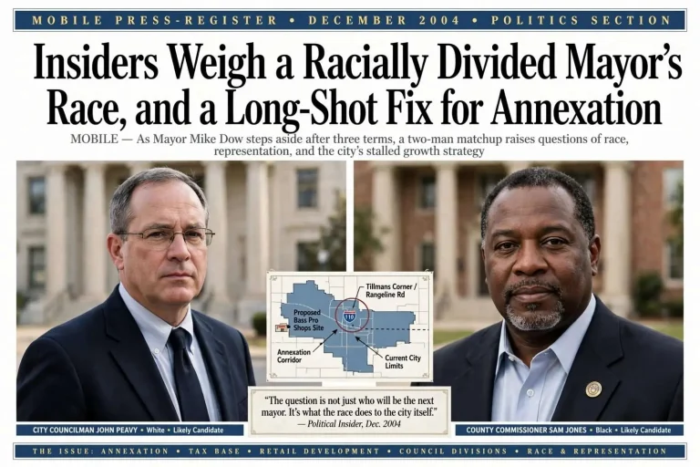 Illustration for the news story: Insiders Weigh a Racially Divided Mayor’s Race, and a Long-Shot Fix for Annexation