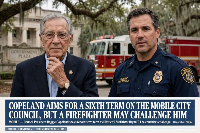 Illustration for the news story: Copeland Aims for a Sixth Term on the Mobile City Council, but a Firefighter May Challenge Him