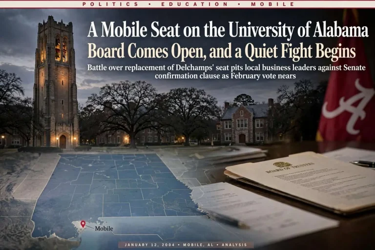 Illustration for the news story: A Mobile Seat on the University of Alabama Board Comes Open, and a Quiet Fight Begins