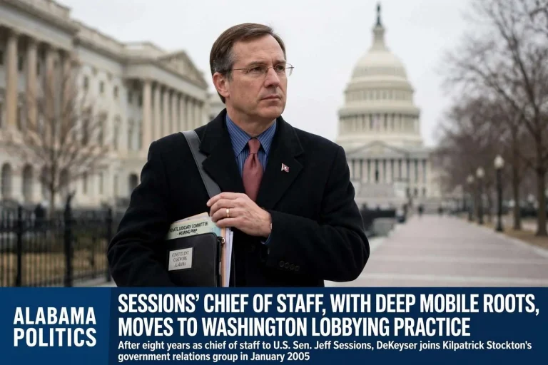 Illustration for the news story: Sessions’ Chief of Staff, With Deep Mobile Roots, Moves to a Washington Lobbying Practice