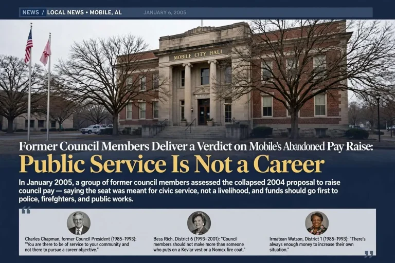 Illustration for the news story: Former Council Members Deliver a Verdict on Mobile’s Abandoned Pay Raise: Public Service Is Not a Career