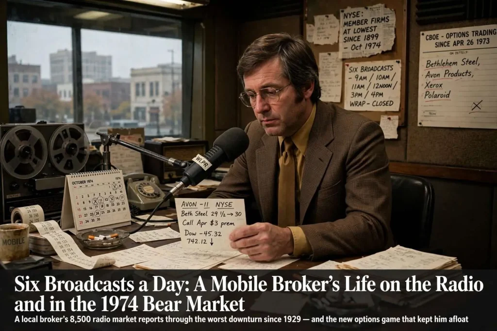 Illustration for the news story: Six Broadcasts a Day: A Mobile Broker’s Life on the Radio and in the 1974 Bear Market