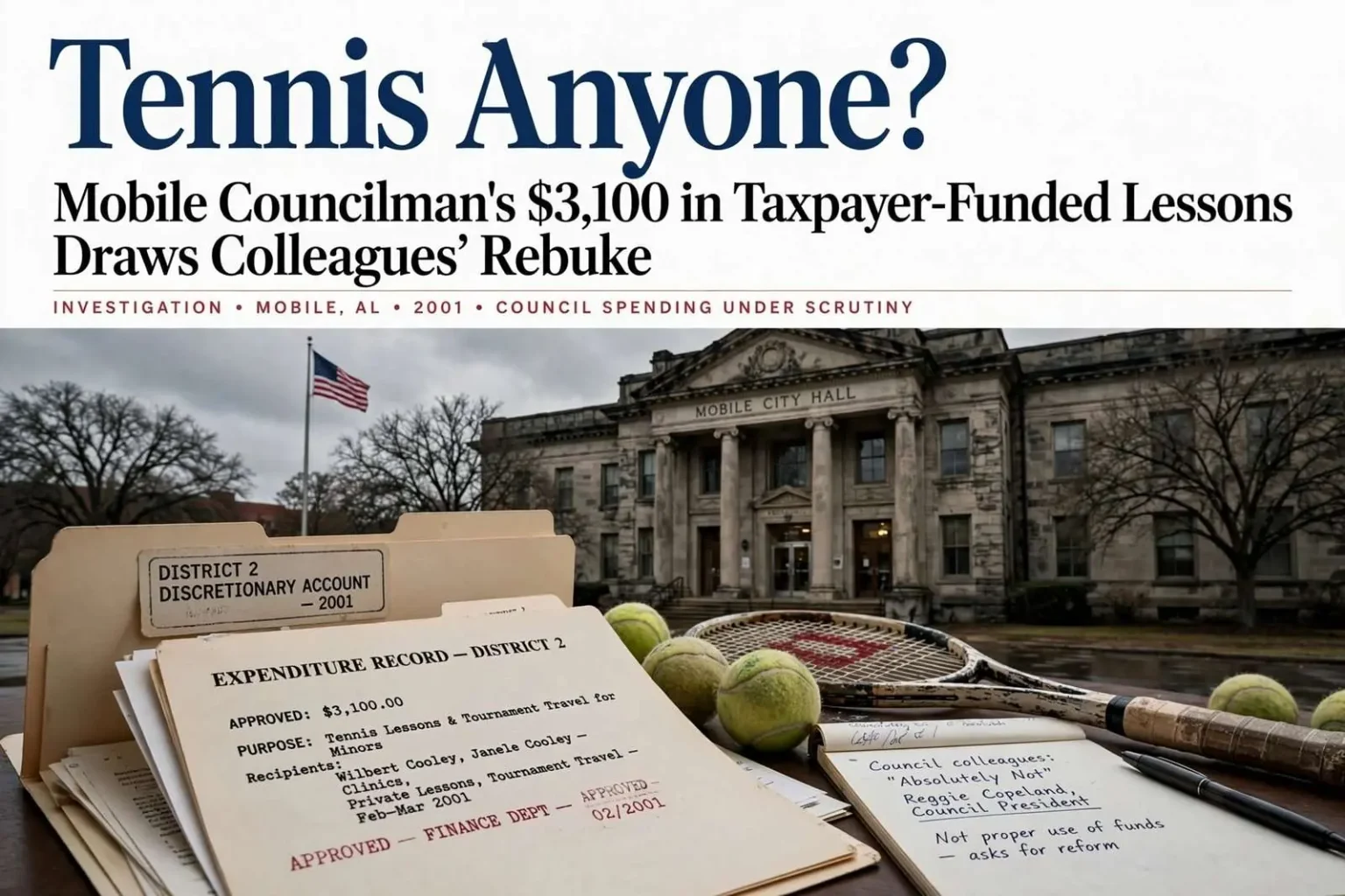 Illustration for the news story: Tennis Anyone? Mobile Councilman’s $3,100 in Taxpayer-Funded Lessons Draws Colleagues’ Rebuke