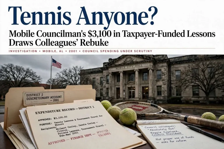 Illustration for the news story: Tennis Anyone? Mobile Councilman’s $3,100 in Taxpayer-Funded Lessons Draws Colleagues’ Rebuke