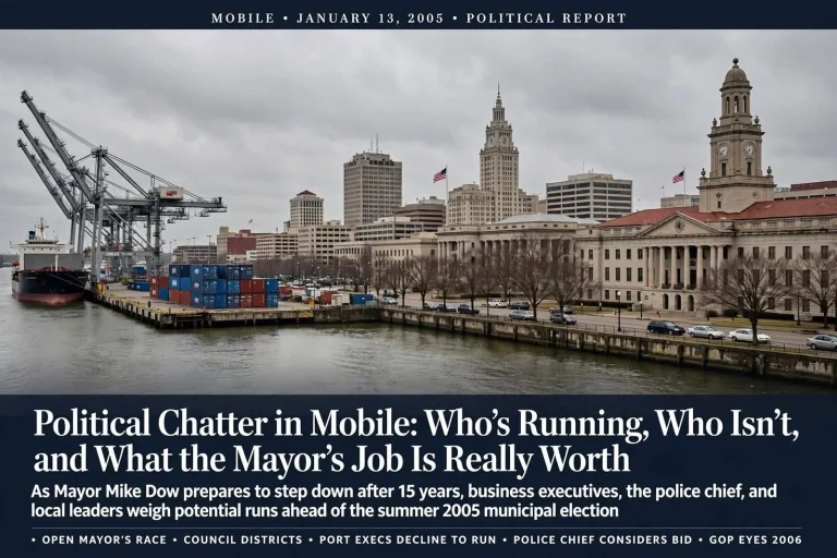 Illustration for the news story: Political Chatter in Mobile: Who’s Running, Who Isn’t, and What the Mayor’s Job Is Really Worth