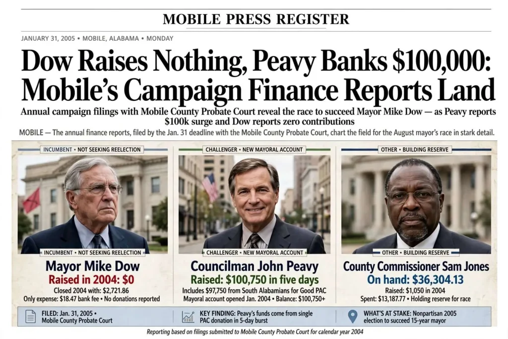 Illustration for the news story: Dow Raises Nothing, Peavy Banks $100,000: Mobile’s Campaign Finance Reports Land