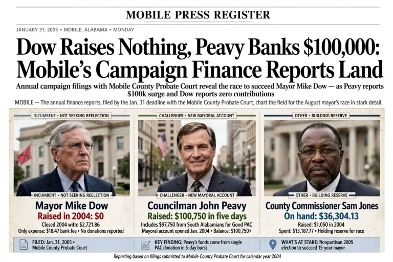 Illustration for the news story: Dow Raises Nothing, Peavy Banks $100,000: Mobile’s Campaign Finance Reports Land