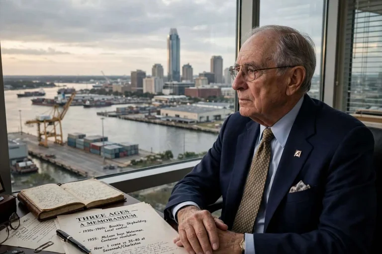 Illustration for the news story: Mobile’s Golden Age: A Retired Banker Traces the City’s Rise, Its Missed Container Revolution and Its Long Plateau