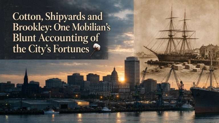 Illustration for the news story: Cotton, Shipyards and Brookley: One Mobilian’s Blunt Accounting of the City’s Fortunes