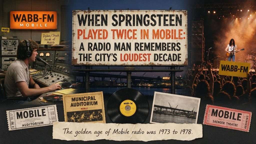 Illustration for the news story: When Springsteen Played Twice in Mobile: A Radio Man Remembers the City’s Loudest Decade