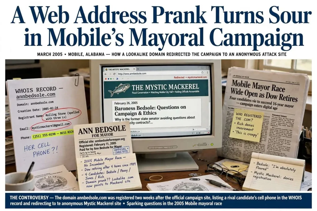 Illustration for the news story: A Web Address Prank Turns Sour in Mobile’s Mayoral Campaign