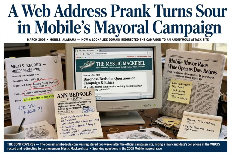 Illustration for the news story: A Web Address Prank Turns Sour in Mobile’s Mayoral Campaign