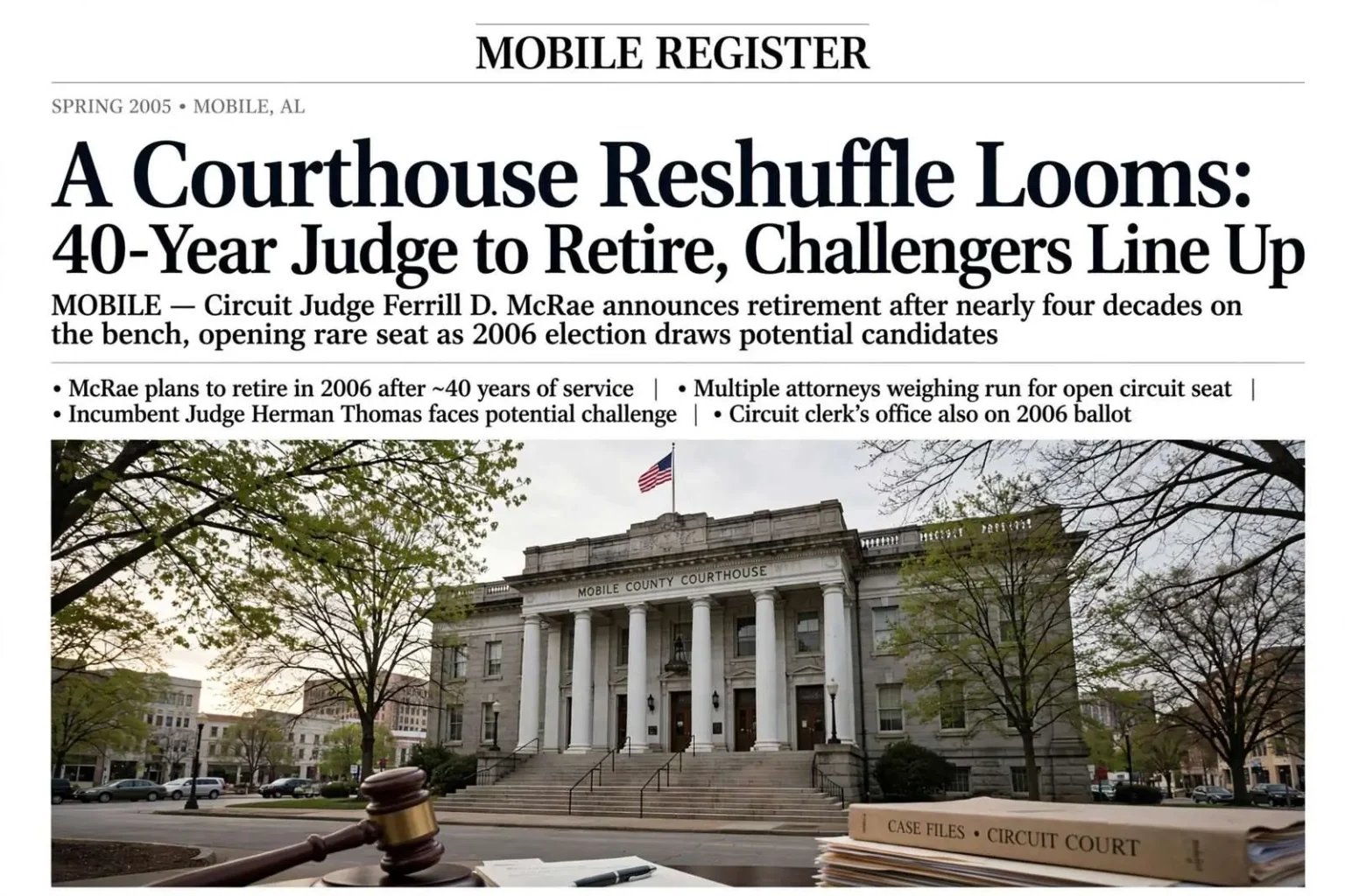 Illustration for the news story: A Courthouse Reshuffle Looms: 40-Year Judge to Retire, Challengers Line Up