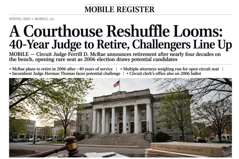 Illustration for the news story: A Courthouse Reshuffle Looms: 40-Year Judge to Retire, Challengers Line Up