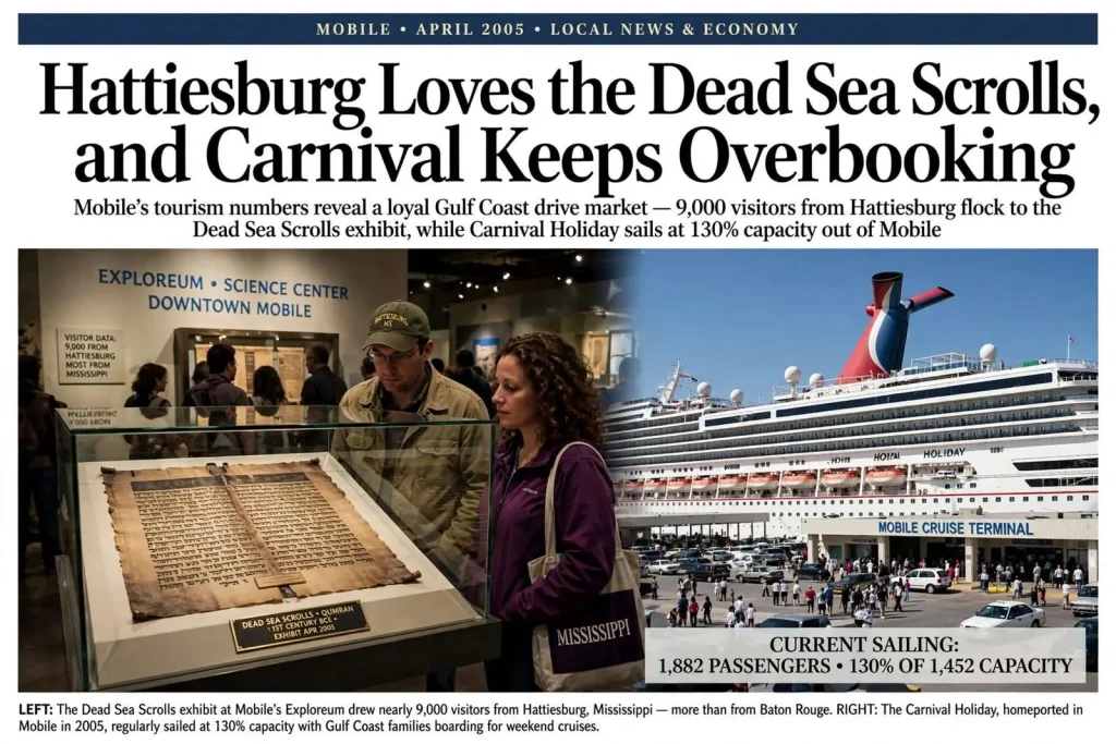 Illustration for the news story: Hattiesburg Loves the Dead Sea Scrolls, and Carnival Keeps Overbooking
