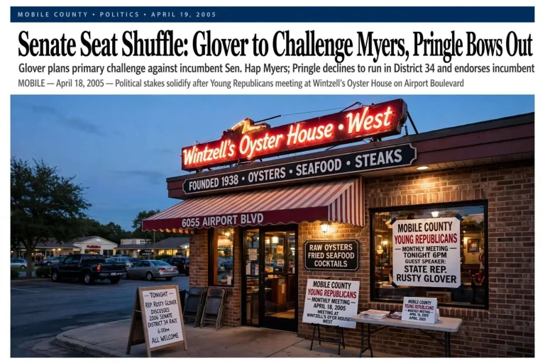 Illustration for the news story: Senate Seat Shuffle: Glover to Challenge Myers, Pringle Bows Out